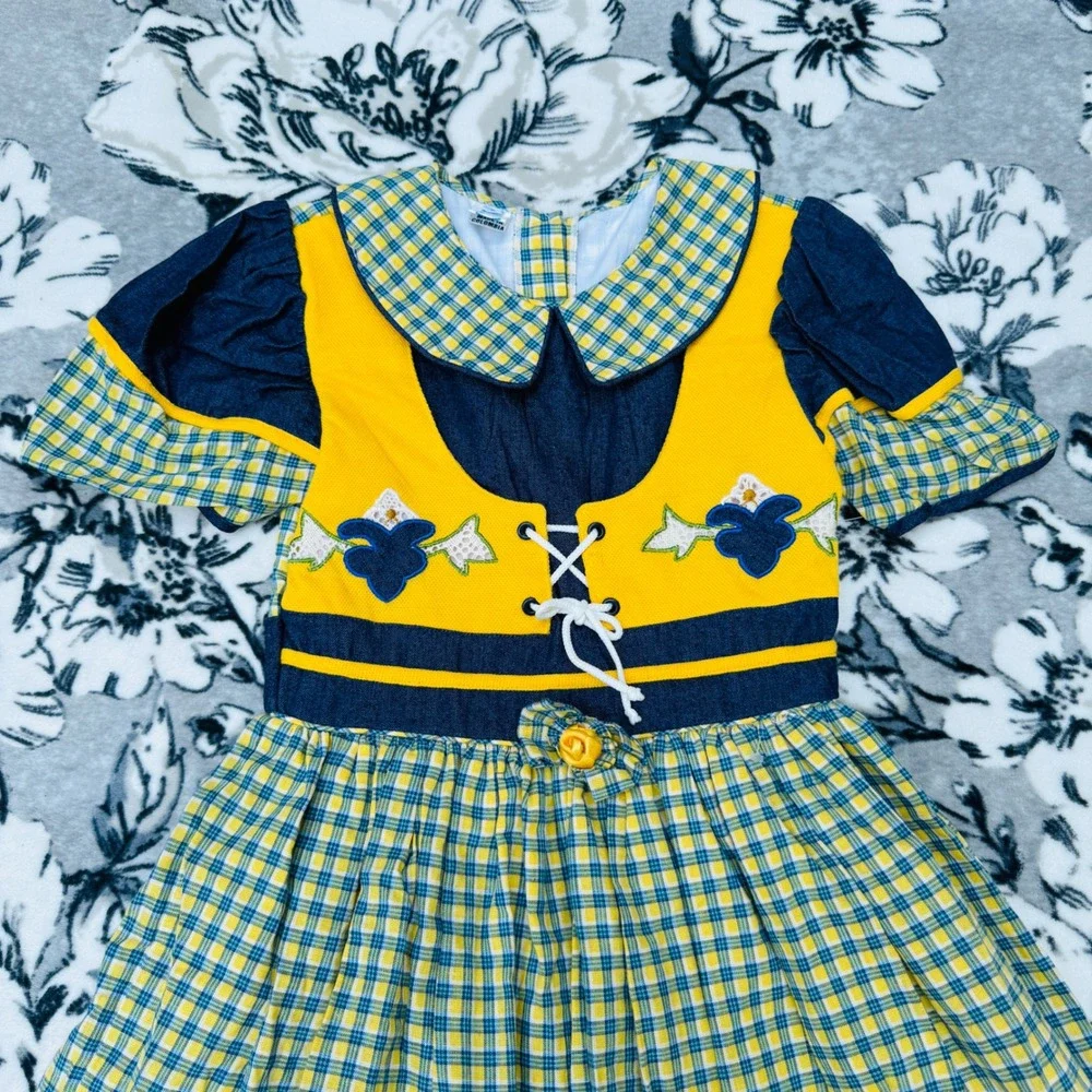 Vintage Narci Stell Dress Kids Size 10 Yellow Blue Plaid New With Tags Folk Lace